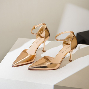 Escarpins D'Orsay à bout pointu et talon aiguille avec bride cheville, chaussures à talons hauts pour femme, couleur unie, finition métallique - Product Image 1
