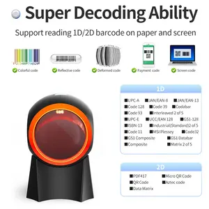 Xincode 2D Scanner de codes à barres USB omnidirectionnel Scanners 1D de bureau Lecteur de codes à barres QR pour caissier librairie supermarché