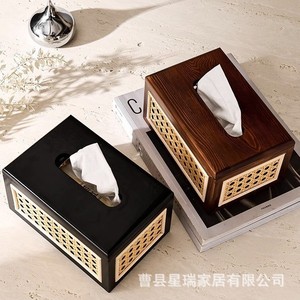 Caja de pañuelos de madera maciza de estilo japonés con incrustaciones de ratán, diseño retro para sala de estar y comedor, decoración del hogar - Product Image 4