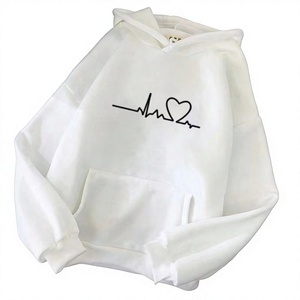 Sudadera con Capucha Blanca para Mujer, con Estampado de Latido de Corazón, de Algodón Tejido, Casual, de Manga Larga, con Bolsillo Frontal con Logotipo - Product Image 1