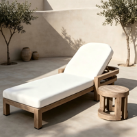 Ensemble de chaises longues de jardin en teck pour l'extérieur, résistant à l'eau, avec coussin