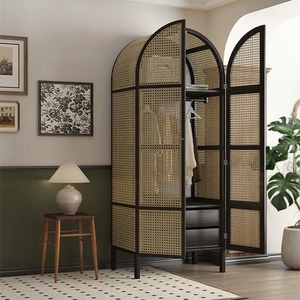 <span class=keywords><strong>Armoire</strong></span> de rangement en bois massif et rotin, design minimaliste, portes à charnières, petit espace, appartement, chambre à coucher, salon - Product Image 1