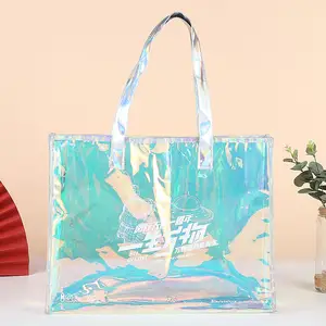 Borsa per la spesa in pvc riutilizzabile impermeabile stampata personalizzata di moda borsa per imballaggio riutilizzabile color arcobaleno laser