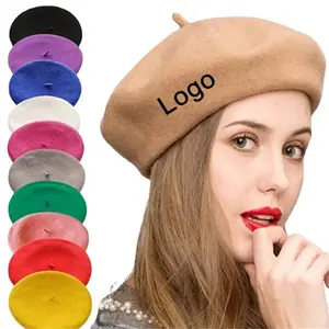 Wholesale Fashion Custom Logo Wool Embroidery Boina Autumn Winter Plain French Solid Color Beret Hat For Women Adults Casual