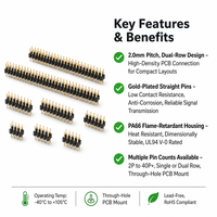 Strip Header Pin Jantan 2.0mm Langsung dari Pabrik 2P-40P Pin Kuningan Ujung Berlapis Emas Dua Baris Lubang Tembus PA66 UL94 V-0 RoHS