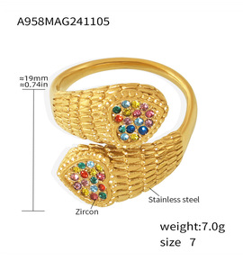 Anillo Abierto Ajustable de Acero Inoxidable con Baño de Oro PVD y Zirconia, Diseño Serpentine Doble Amor - Product Image 1