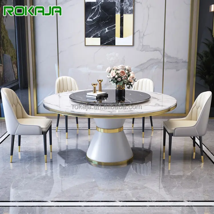 High-End Dining Table Restaurant Stainless Steel Base Round Marble Top Dinning Table With Turntable For Dining Room Sets
