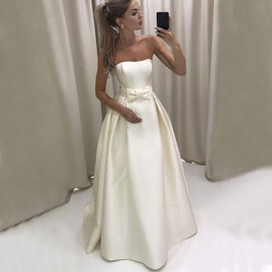 Simple Satin Strapless Bow A-Line Ivory White Wedding Dress Floor Length - Product Image 1