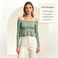 Pull décontracté de haute qualité pour femme, couleur bleue, épaules dénudées, à manches longues et pointelle, personnalisable OEM & ODM, vente en gros