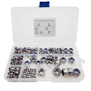 Tuercas hexagonales autoblocantes de acero inoxidable 304 M3-M12 con inserto de nailon azul, 170 piezas en caja, métricas, Grado A - Product Image 1