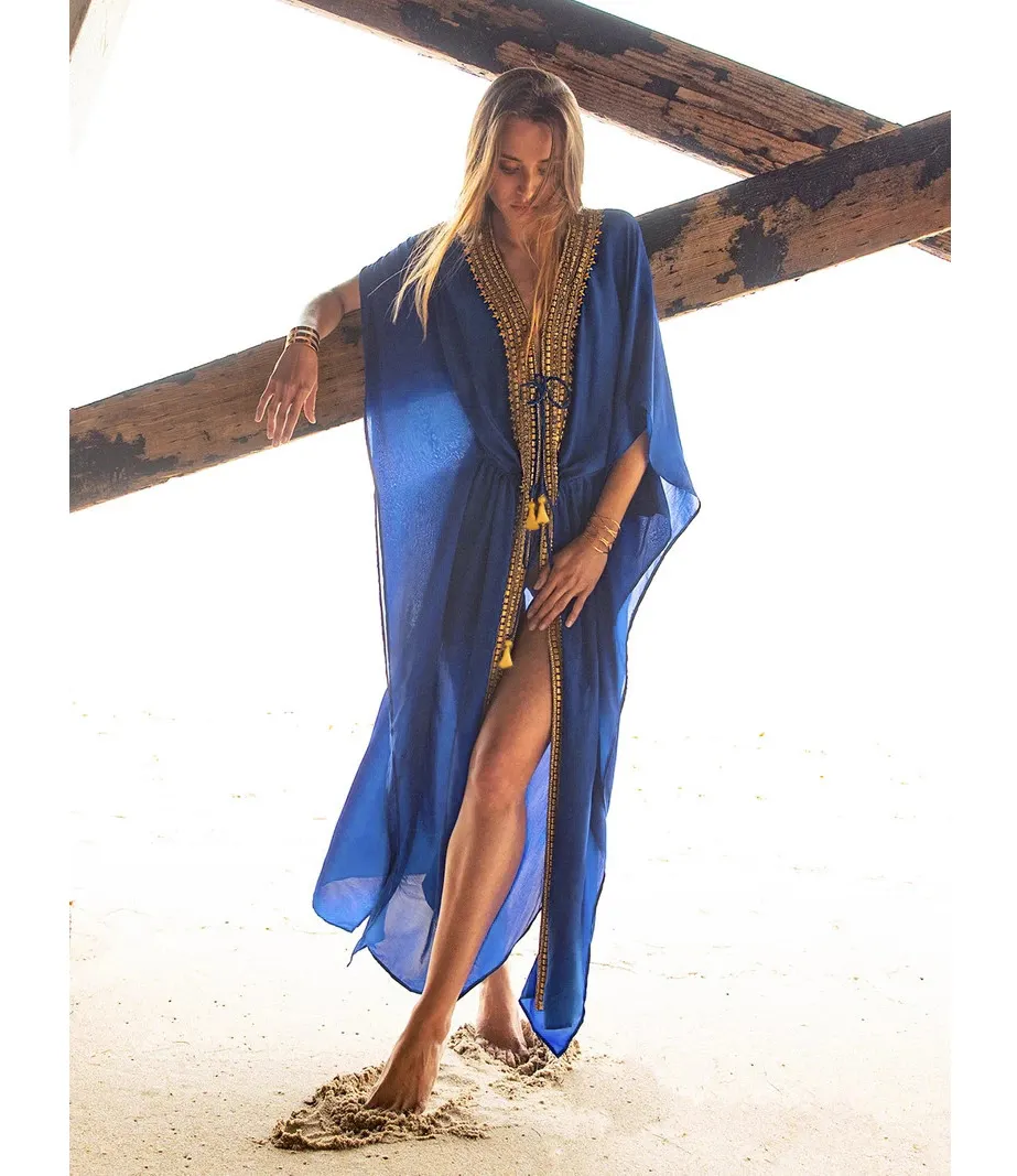 सेक्सी सरासर शिफॉन लंबी ढीला समुद्र तट कपड़े बिकनी कवर अप कढ़ाई boho कफ्तान