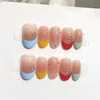 Faux ongles ovales à presser, French manucure colorée bleu, jaune, rouge, menthe, faits main, avec strass et pois colorés, 10 pièces