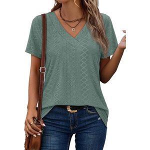 FOXA Women's Eyelet V Neck Short Sleeve T-Shirt Breathable Cotton Pullover <b>Top</b> - Product Image 2