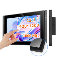 Monitor LED Industrial de Alta Luminosidad, 1000 Nits, 12.1 Pulgadas, Pantalla Táctil Capacitiva Impermeable, Carcasa Metálica, LCD Integrado, Diseño Plano