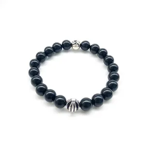 Natural Black Onyx Vintage Thai Style 925 Sterling Silver Beads Cross Stretch Bracelet 7"