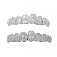 10 Grillz dentaires supérieurs et inférieurs, entièrement pavés de CZ, style Hip Hop, en métal plaqué, bijoux de mode pour Halloween et rap