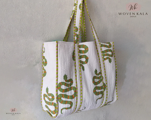 Handblock Print Cotton Tote <b>Bag</b> | Quilted Beach Shoulder <b>Bag</b> for Women with Handmade Indian <b>Boho</b> Textile Design - Product Image 1