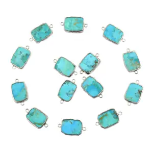 Kingman Block Turquoise 20 To 22 MM With Bail Rectangle Shape Silver Plated Connector Jewelry
