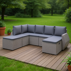 Modular Grey Poly Rattan Garden <b>Sofa</b> <b>Set</b> High-Density Foam Cushions Outdoor Furniture - Product Image 2