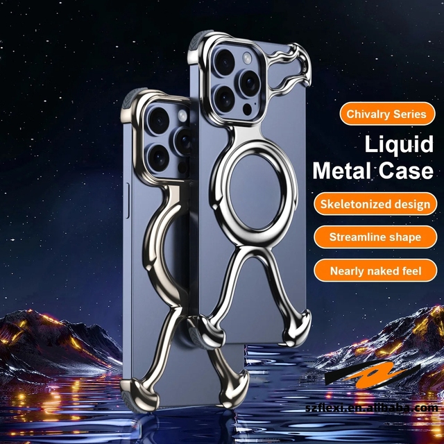 Liquid Metal Mechanical Armor Hollow Phone Case for iPhone 16 15 Pro Max Metal Removable Heat Dissipation Shockproof Hard Cover