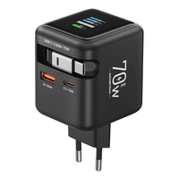 Chargeur mural rapide GaN PD 70W avec câble rétractable Type-C, écran tactile TFT, 2 ports USB-C, 1 port USB, prise UK JP EU US pour ordinateur portable