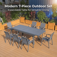 Moderno Juego de Comedor para Exteriores de 7 Piezas, Mesa Extensible de Aleación de Aluminio y 6 Sillas, Muebles de Patio Extensibles para Jardín