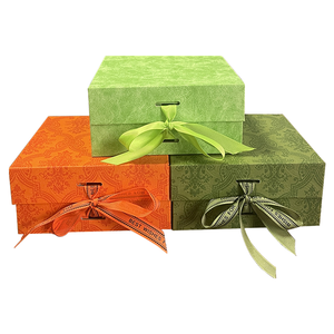 Rectangular Rigid Gift Boxes With Ribbon Bow Green Orange <b>Patterned</b> Art <b>Paper</b> Recyclable Four Color Printing Embossing - Product Image 1