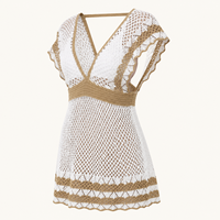 Robe de plage courte pour femme, style bohème, en crochet tricoté, col en V profond, manches courtes à volants, color block, ajourée, cache-maillot