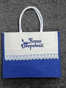 Jute Open Closure <b>Tote</b> Bag (14x16x5) Happy Deepawali Non Woven with Lace Trim Blue and White Casual Style Eco Friendly Handbag - Product Image 3