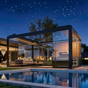 <span class=keywords><strong>Pergola</strong></span> <span class=keywords><strong>en</strong></span> aluminium sur mesure de luxe <span class=keywords><strong>avec</strong></span> <span class=keywords><strong>toit</strong></span> <span class=keywords><strong>en</strong></span> <span class=keywords><strong>verre</strong></span> trempé, bandes lumineuses LED pour jardin de villa haut de gamme - Product Image 1