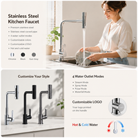 Robinet de cuisine moderne multifonctionnel en acier inoxydable, finition polie, mitigeur chaud/froid à poignée unique, à poser sur comptoir en céramique