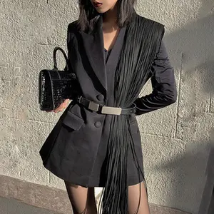 Boutique Wholesale 2024 Spring New Long Sleeved Straight Tube Side Shoulder Personalized Tassel Design Women's Coats