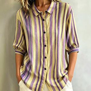 2026 New European Women Color <b>Block</b> Striped Shirt Lapel Single Breasted Half Sleeve Fashion Ladies Blouse Top - Product Image 5