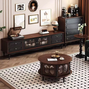 Vendita Diretta di Tavolini da Caffè Rotondi in Legno Color Noce, Set di Tavolini da Salotto in Legno Massello Stile Retrò Francese - Product Image 1