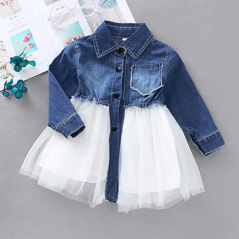 2023 New Girl's Cotton Denim Top Stitched Mesh Dress Button Cardigan Princess Skirt Girl's Long Sleeve Dress