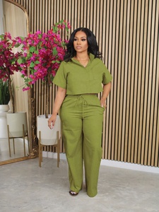 Ensemble de robes pour femmes le plus vendu - Chemise à manches courtes et <span class=keywords><strong>pantalon</strong></span> décontracté deux pièces pour le bureau/le sport 100% <span class=keywords><strong>lin</strong></span> à jambes larges et taille haute - Product Image 2