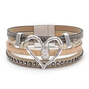 Böhmischer Stil Hohles Herzförmiges Charmantes PU-Leder Silberbeschichtetes Magnetverschluss Unisex-Armband für Geschenk und Party - Product Image 1
