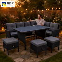 Ensemble de salon de jardin 5 pièces en rotin PE, canapé sectionnel en forme de L, table rectangulaire, 3 ottomanes, couleur anthracite