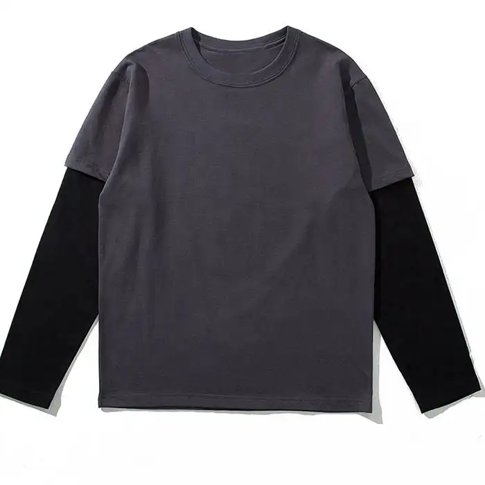 Custom blank double layer sleeve tee shirt unisex 2 in 1 double layer long sleeve t shirt