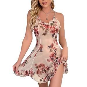 Europa y los Estados Unidos Comercio exterior Lencería erótica sexy mujer encaje floral transparente tentación Halter camisones - Product Image 5