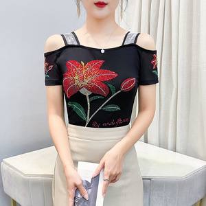 Nueva Blusa Elegante de Doble Capa <span class=keywords><strong>con</strong></span> Pedrería y Malla de Seda Helada, Manga Corta, Hombros Descubiertos y <span class=keywords><strong>Espalda</strong></span> <span class=keywords><strong>con</strong></span> Diseño Atractivo - Product Image 3