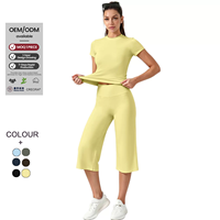 Ensemble de yoga best-seller : pantalon court uni et haut à manches courtes, en Spandex/Nylon haute élasticité, sensation seconde peau, coupe large