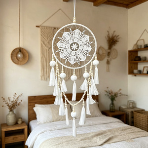 Atrapasueños Redondo de Poliéster Blanco con Borlas, Estilo Campestre, Tejido a Mano, Decoración para Colgar en la Pared - Product Image 4