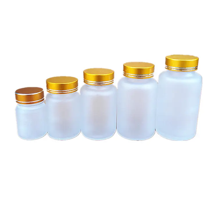 Botol pil kapsul kaca medis bulat buram Amber bening mulut lebar 50ml 100ml 150ml 200ml dengan tutup