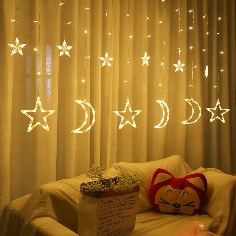 Волшебная гирлянда СВЕТОДИОДНЫЙ занавес гирлянды с изображением луны и звезд, лампа для использования вне помещений ИД Мубарак Рамадан окна домашний декор
