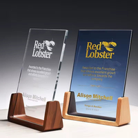 Trophées, médailles et plaques en verre transparent simple, plaque de récompense en cristal avec base en bois