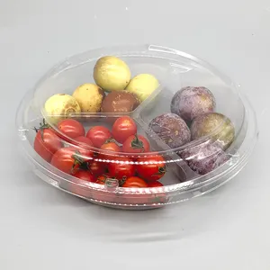 Bandeja desechable redonda de plástico para fruta de mascotas, 3 compartimentos, con tapa