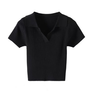 Polo de Punto para Mujer, Manga Corta, Color Rosa Sólido, Corte Ajustado, Cintura Alta, Estilo Veraniego - Product Image 2