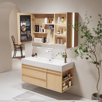 Armoire de salle de bain murale vintage jaune de 32 pouces avec grille en bois moderne luxueuse, lavabo en pierre et armoire miroir