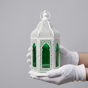 Lanterne à bougie moderne en métal blanc populaire auprès des fabricants, avec verre vert, pour la décoration de la maison, le Ramadan et les mariages - Product Image 5